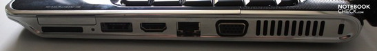 Rechte Seite: 34mm Expresskartensteckplatz, 5-in-1 Kartenleser, eSATA-USB 2.0-Steckplatz, HDMI, LAN, VGA, Lüftungsgitter, Kensington Lock
